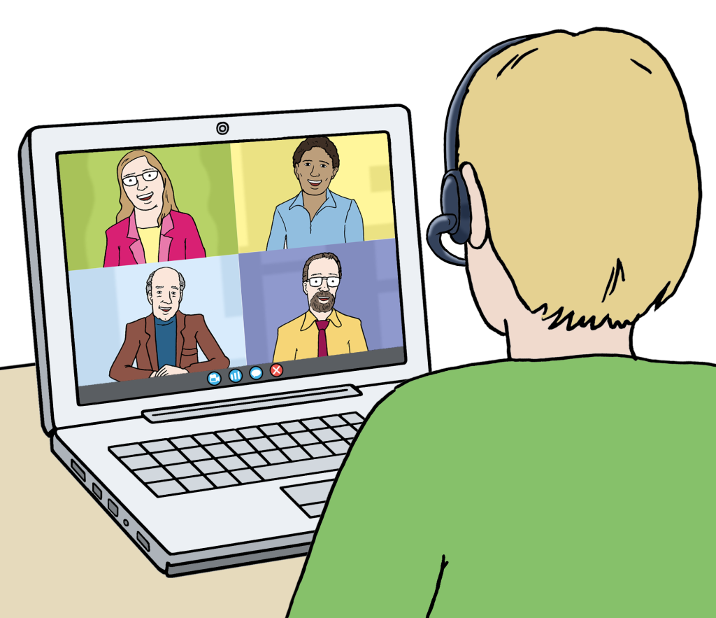 Eine Person nimmt über ihren Laptop an einer Videokonferenz teil